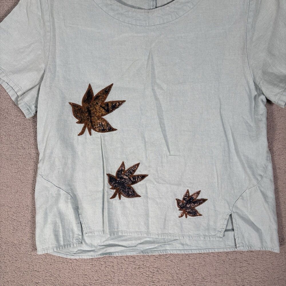Baletti‎ Vitorino Top Women’s Size M Leaf Applique Slit Hem Powder Blue Bohemian - Picture 3 of 13